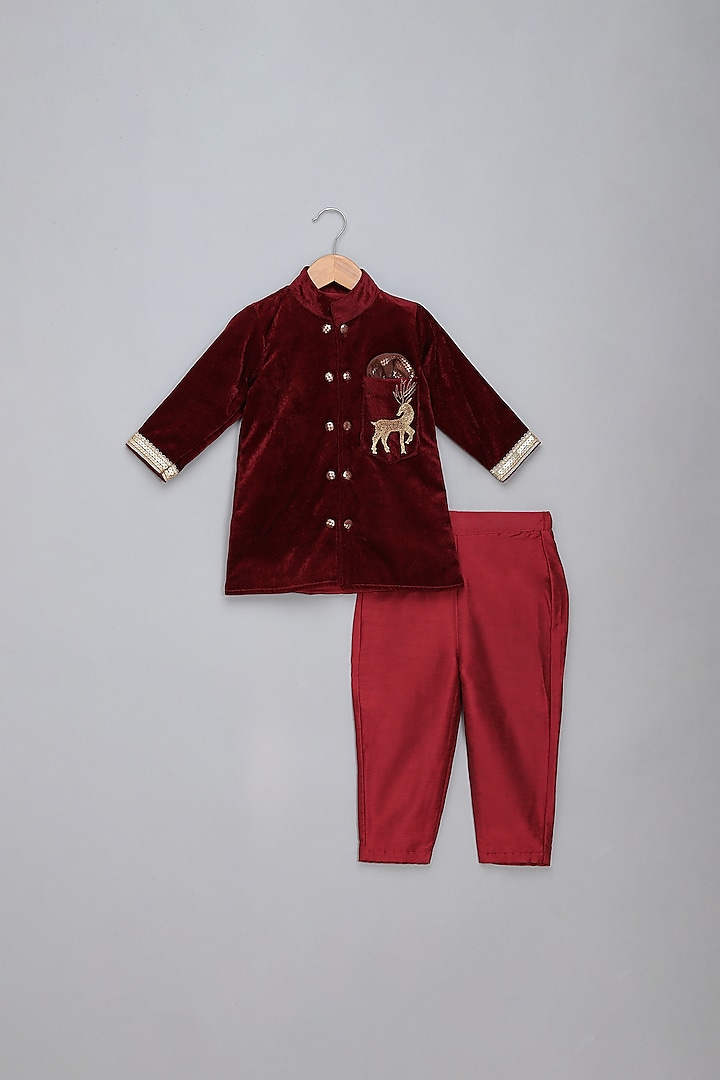 Maroon Velvet Placement Embroidered Bandhgala Set For Boys by The little tales