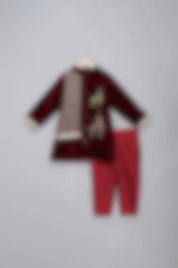 Maroon Velvet Placement Embroidered Sherwani Set For Boys by The little tales