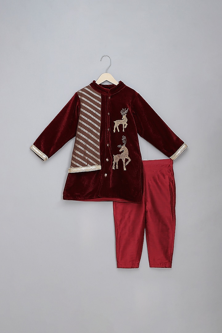 Maroon Velvet Placement Embroidered Sherwani Set For Boys by The little tales