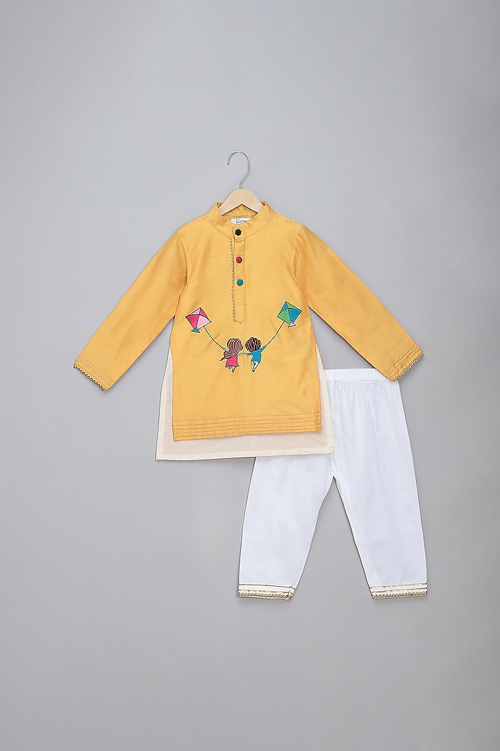 Yellow & Off-White Cotton Cambric Embroidered Kurta Set For Boys by The little tales