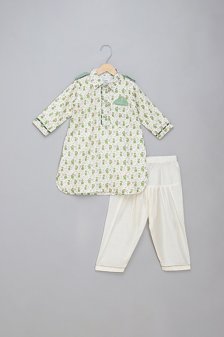 Green Cotton Digital Printed Pathani Kurta Set For Boys by The little tales