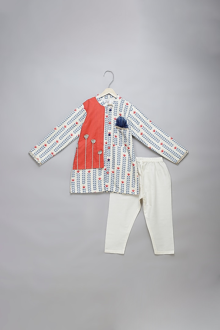 Off-White & Coral Cotton Floral Printed Kurta Set For Boys by The little tales