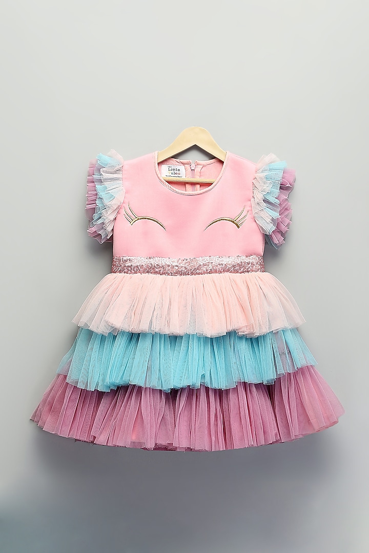 Pink Scuba & Soft Net Unicorn Embroidered Dress For Girls by The little tales at Pernia's Pop Up Shop