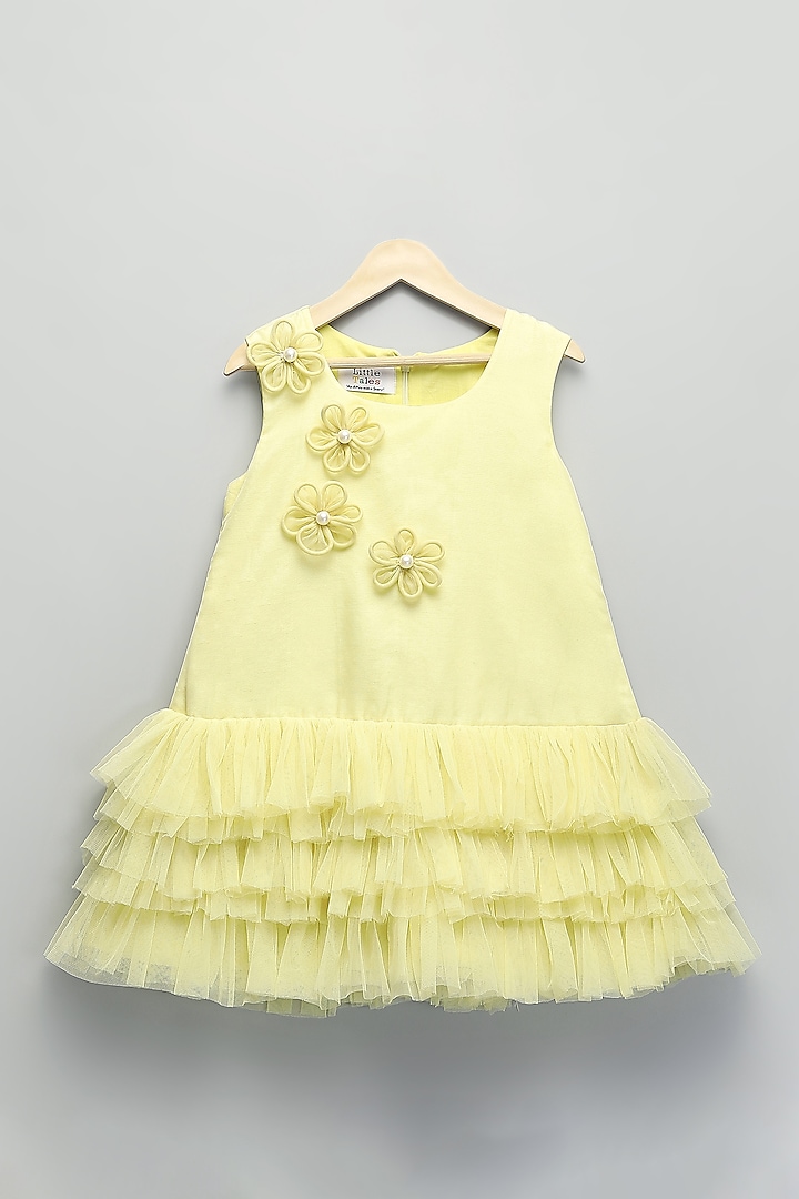 Lemon Yellow Cotton Silk & Net Ruffled A-Line Dress For Girls by The little tales at Pernia's Pop Up Shop