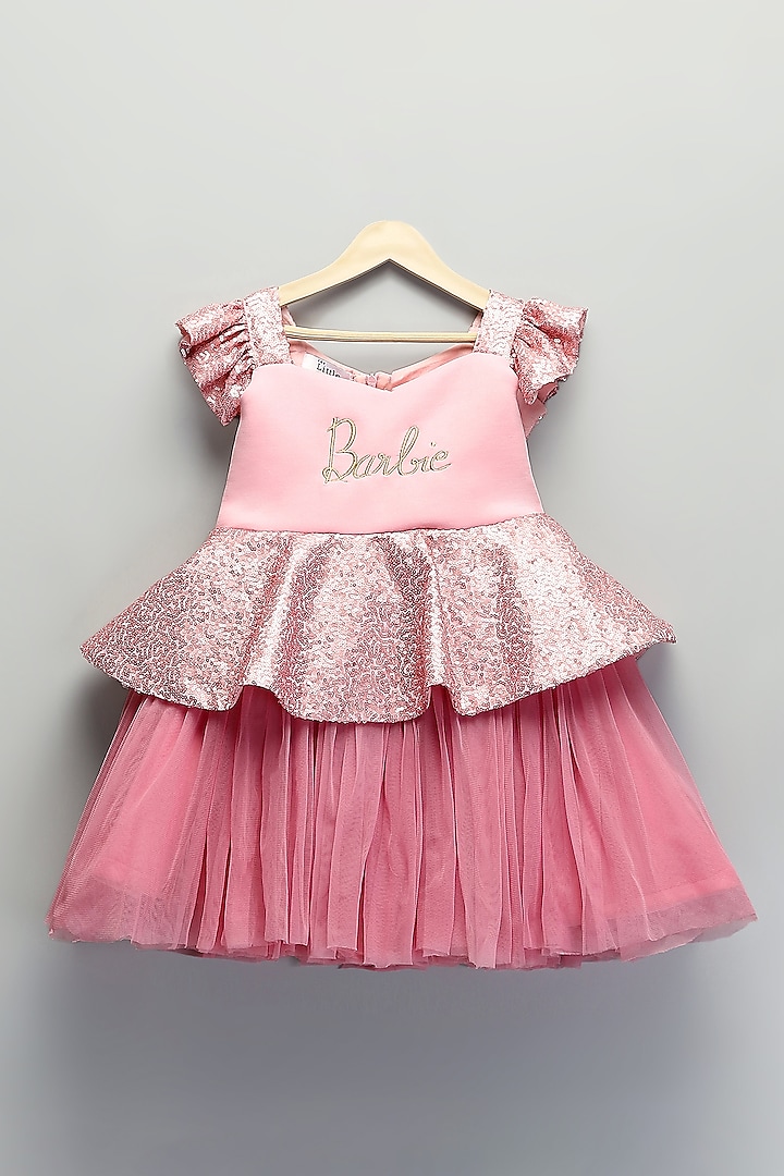 Light Pink Scuba & Sequins Barbie Dress With Skirt For Girls by The little tales at Pernia's Pop Up Shop