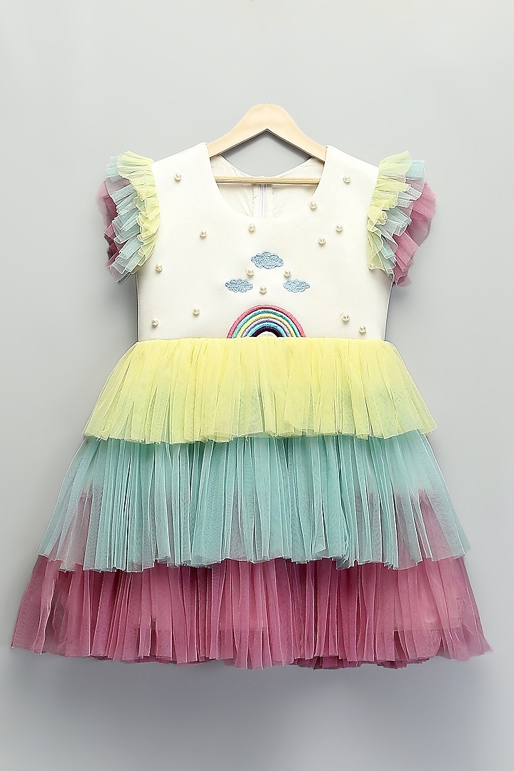 Multi-Colored Scuba & Soft Net Pearl Embroidered Rainbow Dress For Girls by The little tales at Pernia's Pop Up Shop