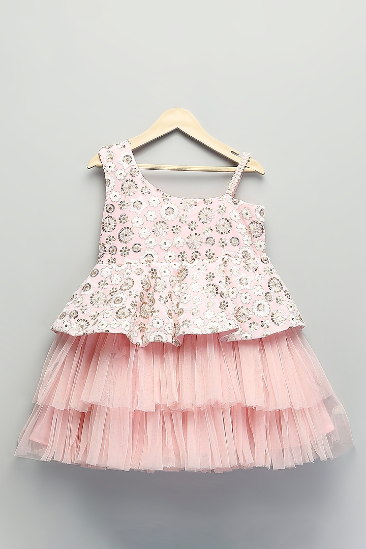 Baby Pink Silk & Soft Net Pearl Embroidered Ruffled Dress For Girls by The little tales at Pernia's Pop Up Shop