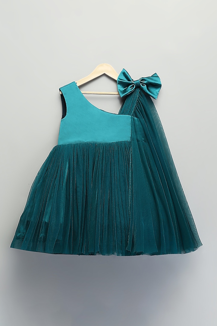 Teal Green Satin & Soft Net Frilled Dress For Girls by The little tales at Pernia's Pop Up Shop