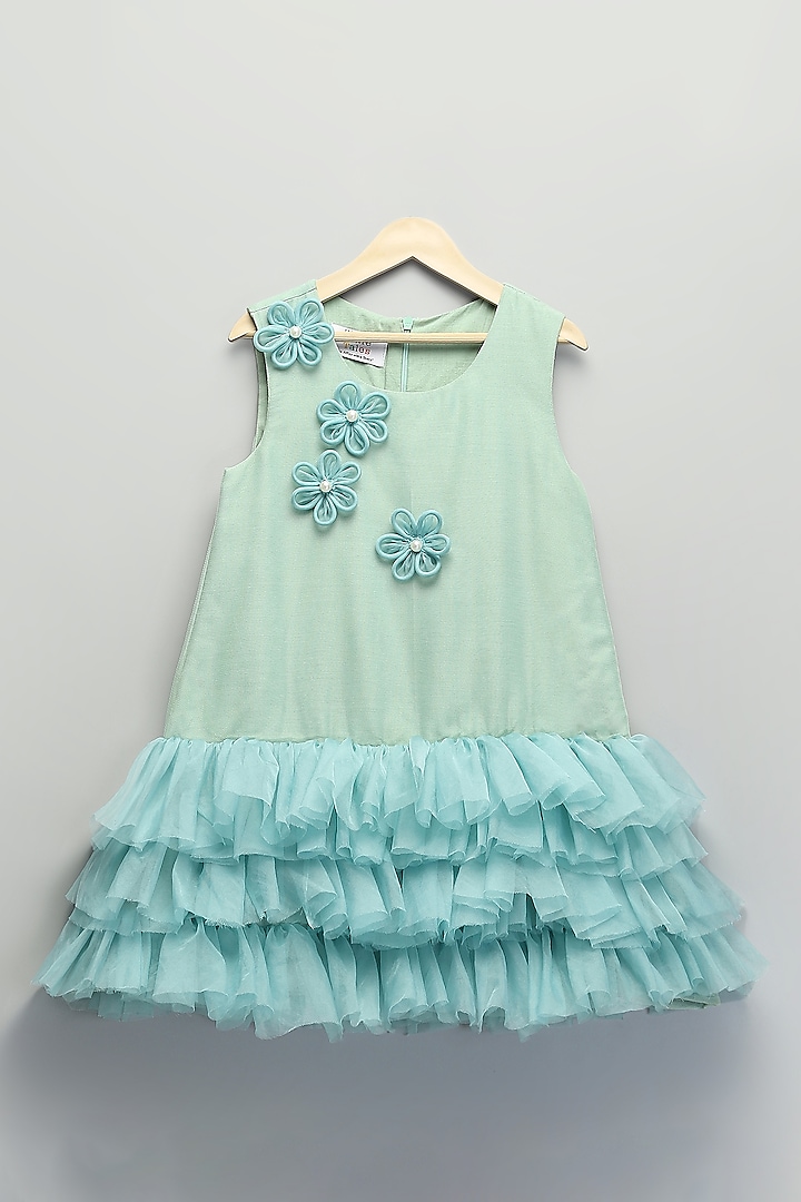 Sea Green Soft Net & Organza Ruffled A-Line Dress For Girls by The little tales at Pernia's Pop Up Shop