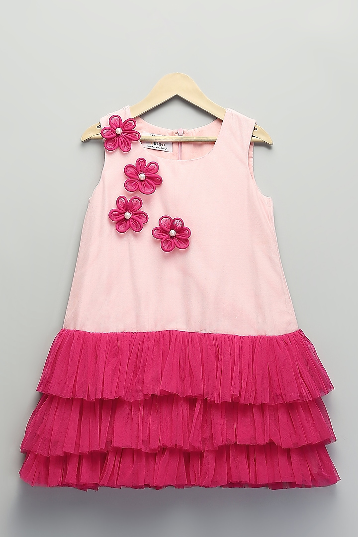 Baby Pink Soft Net & Organza Ruffled A-Line Dress For Girls by The little tales at Pernia's Pop Up Shop