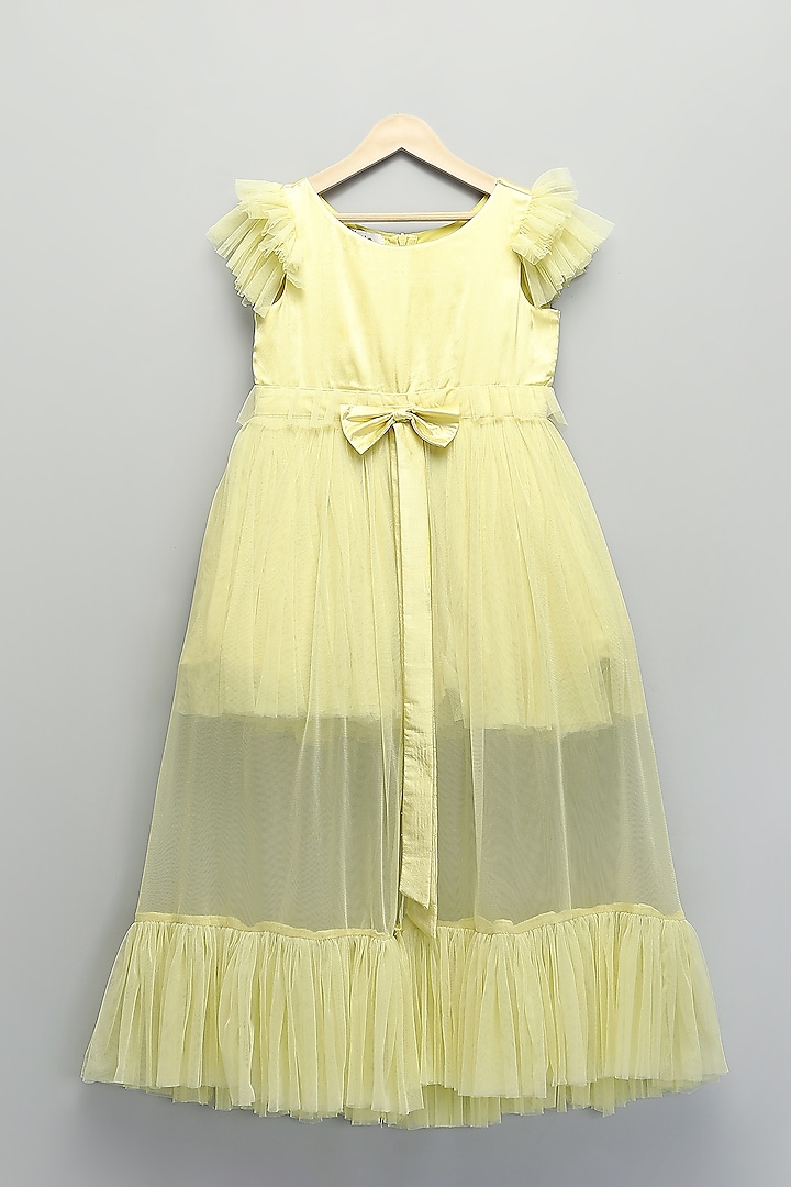 Lime Yellow Satin & Silk Frilled Layered Dress For Girls by The little tales at Pernia's Pop Up Shop