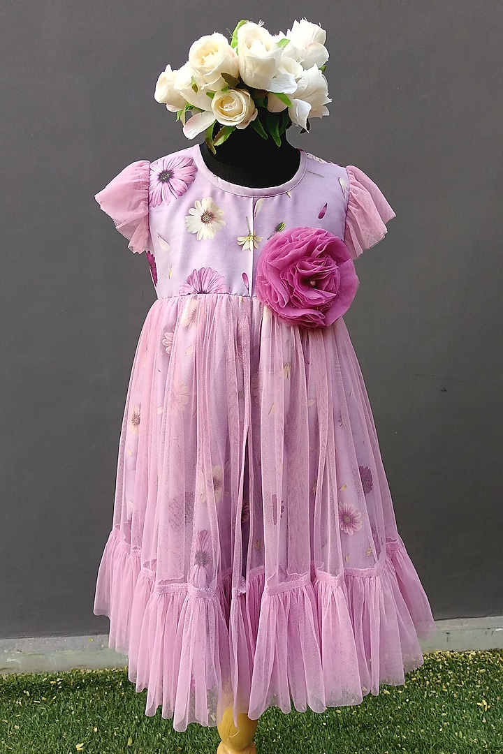 Lilac Cotton Poplin & Organza Floral Printed Dress For Girls by The little tales at Pernia's Pop Up Shop