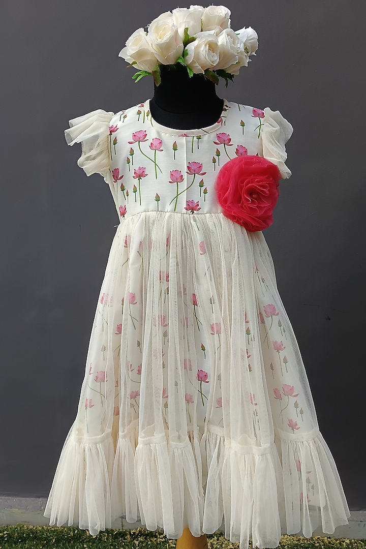 Off-White Cotton Poplin & Organza Floral Printed Dress For Girls by The little tales at Pernia's Pop Up Shop