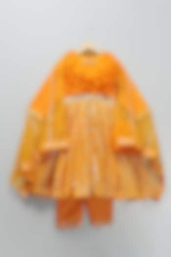 Orange Chanderi Frilled Anarkali Set For Girls by The little tales at Pernia's Pop Up Shop