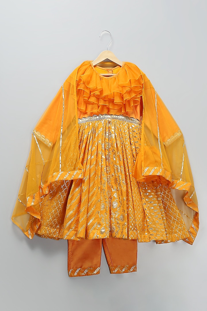 Orange Chanderi Frilled Anarkali Set For Girls by The little tales at Pernia's Pop Up Shop