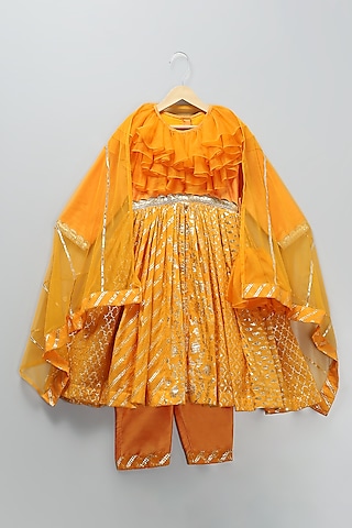 Orange Chanderi Frilled Anarkali Set For Girls by The little tales