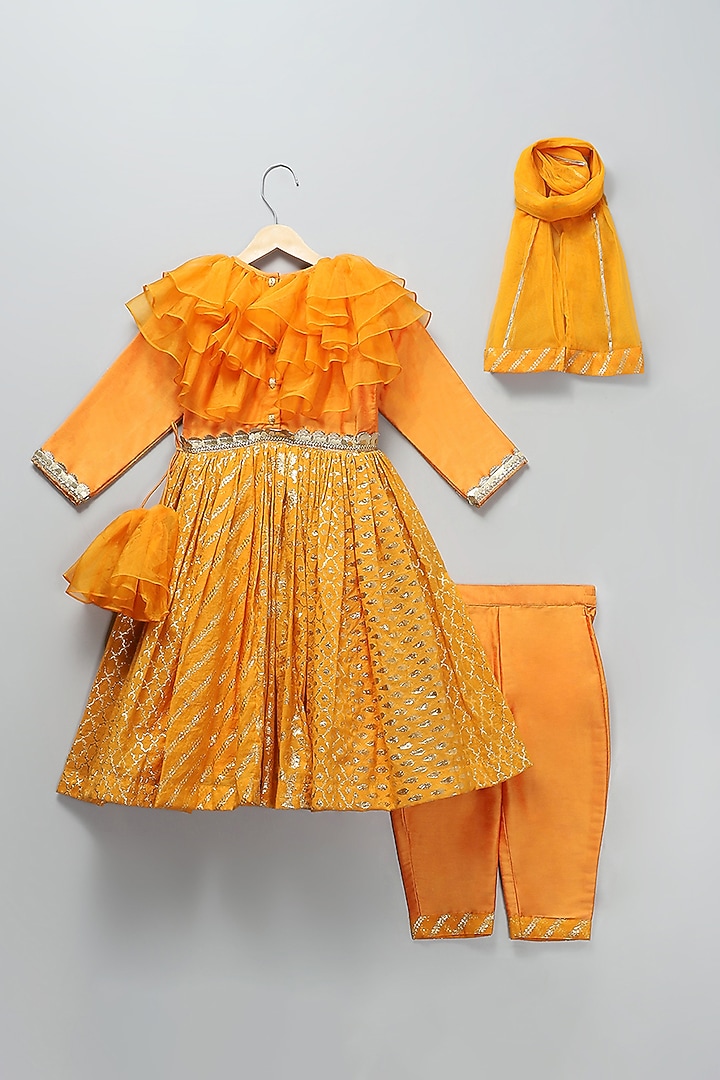 Orange Chanderi Frilled Anarkali Set For Girls by The little tales at Pernia's Pop Up Shop
