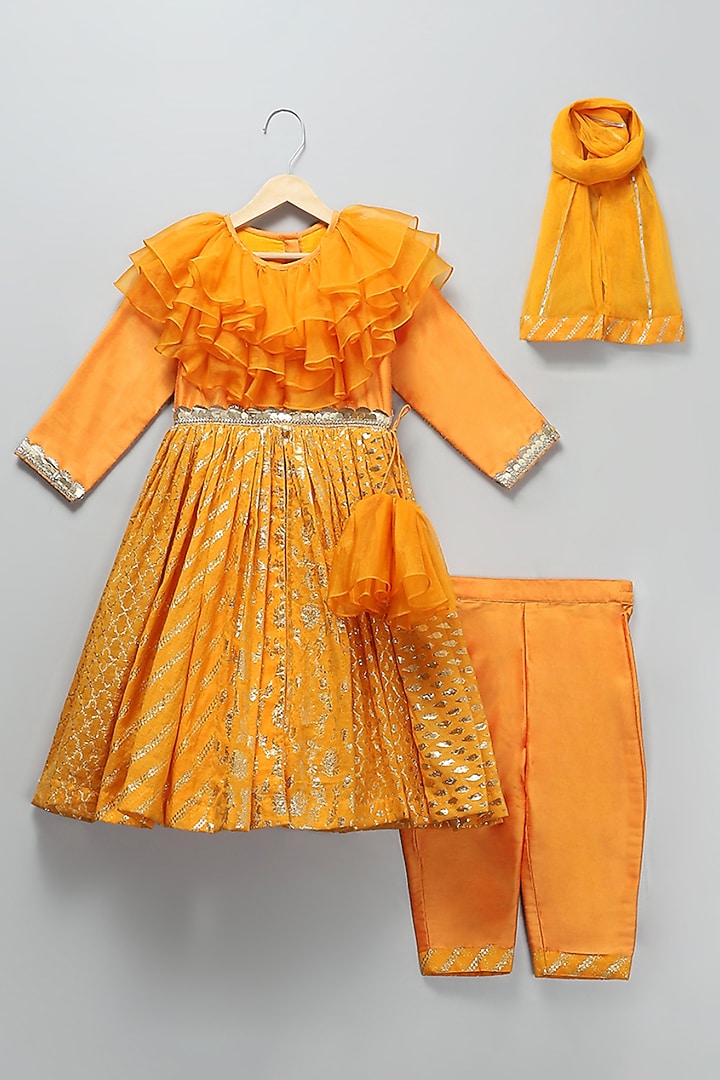 Orange Chanderi Frilled Anarkali Set For Girls by The little tales at Pernia's Pop Up Shop
