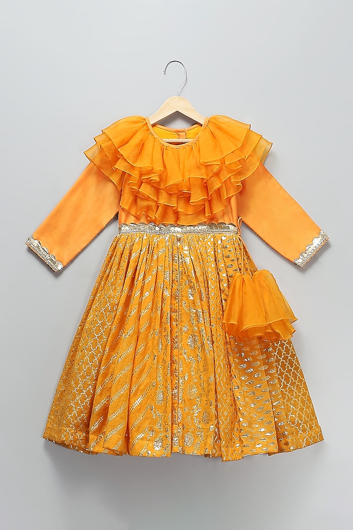 Orange Chanderi Frilled Anarkali Set For Girls by The little tales at Pernia's Pop Up Shop