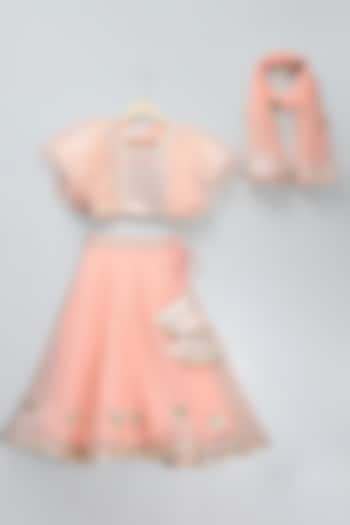 Peach Silk & Organza Tassel Embroidered Lehenga Set For Girls by The little tales at Pernia's Pop Up Shop