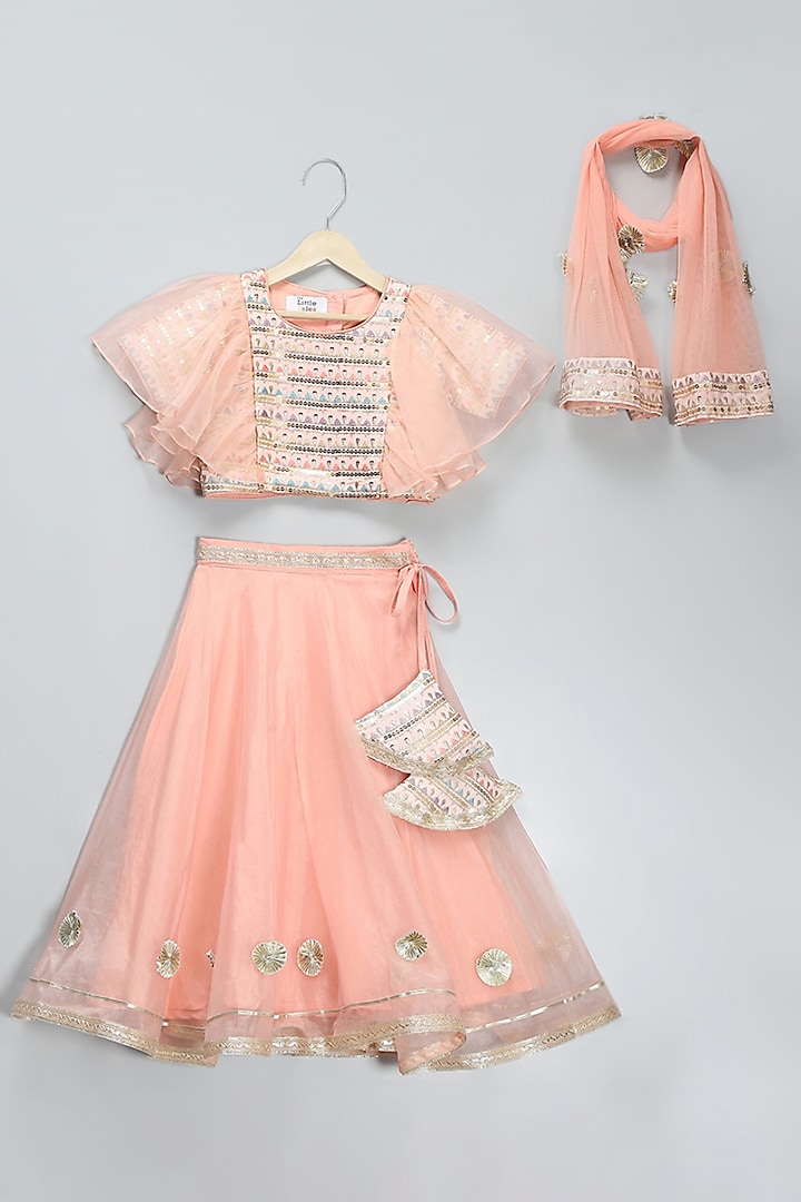 Peach Silk & Organza Tassel Embroidered Lehenga Set For Girls by The little tales at Pernia's Pop Up Shop