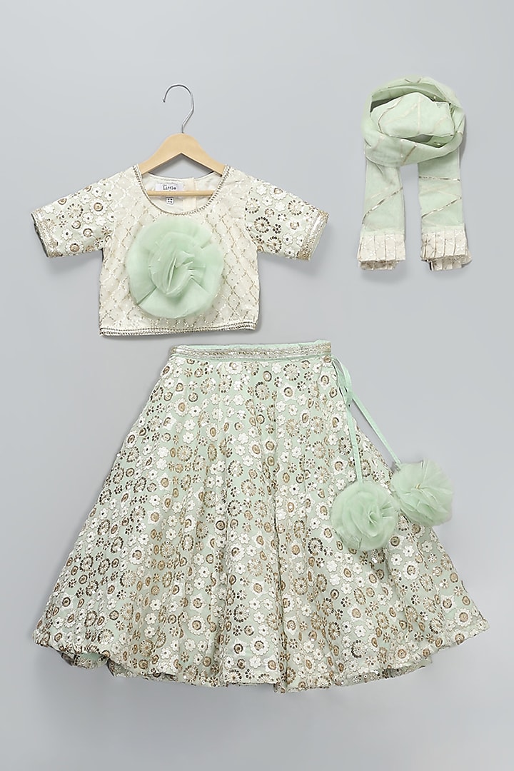 Off-White & Green Georgette 3D Floral Embroidered Lehenga Set For Girls by The little tales at Pernia's Pop Up Shop