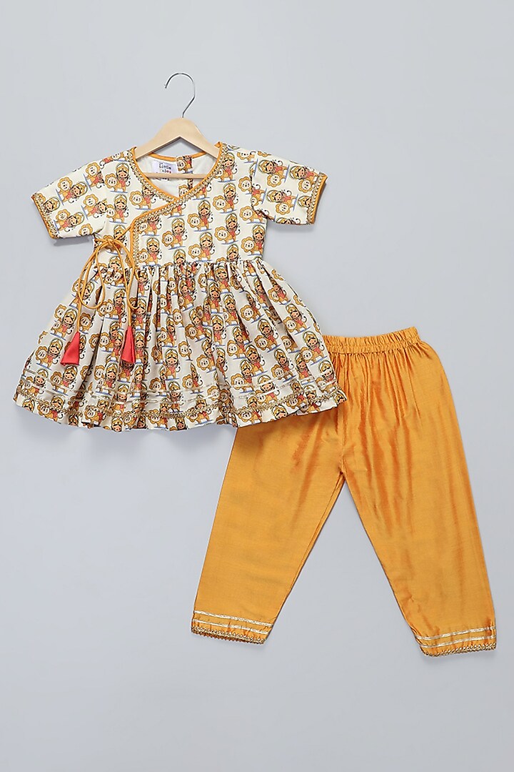 Off-White & Orange Cotton Silk Printed Angrakha Kurta Set For Girls by The little tales at Pernia's Pop Up Shop