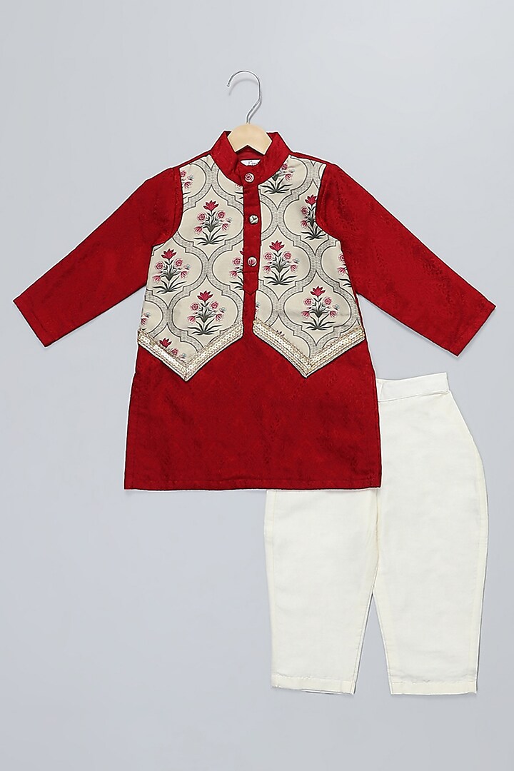 Maroon Cotton Silk Printed Kurta Set For Boys by The little tales at Pernia's Pop Up Shop