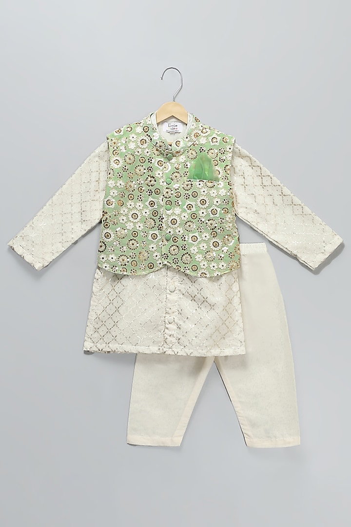 Green Georgette Resham Embroidered Nehru Jacket Set For Boys by The little tales at Pernia's Pop Up Shop