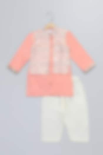 Peach Georgette Embroidered Kurta Set For Boys by The little tales at Pernia's Pop Up Shop