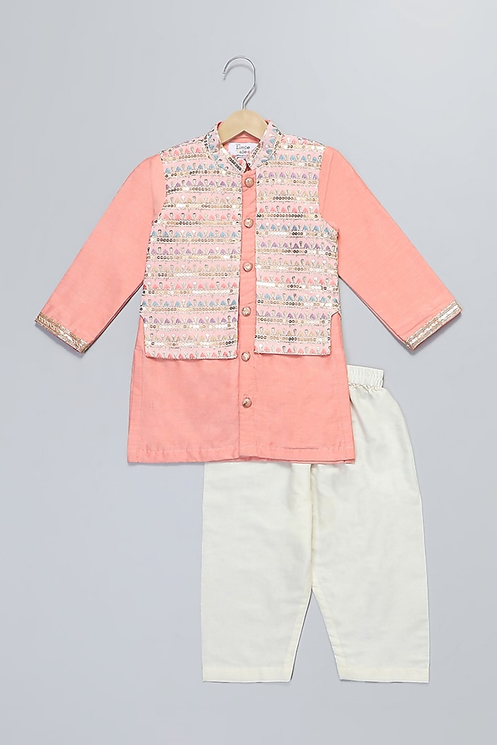 Peach Georgette Embroidered Kurta Set For Boys by The little tales at Pernia's Pop Up Shop