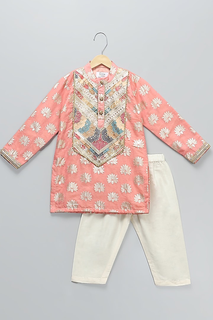 Peach Georgette Embroidered Kurta Set For Boys by The little tales at Pernia's Pop Up Shop