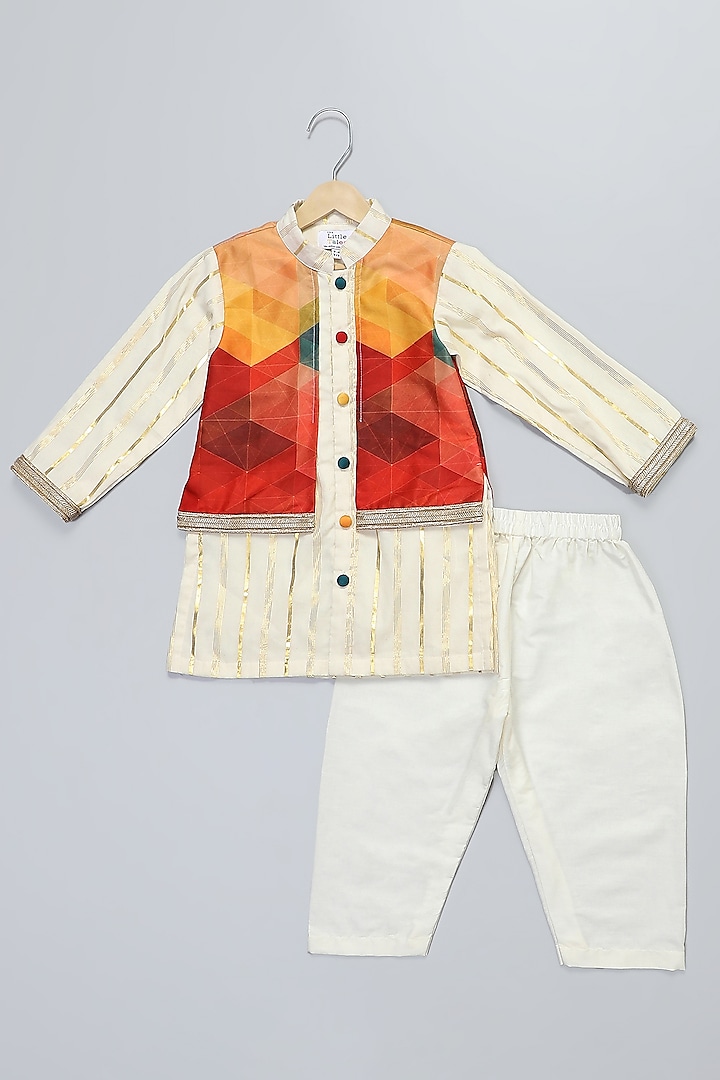 Off-White Cotton & Cotton Silk Digital Printed Kurta Set For Boys by The little tales