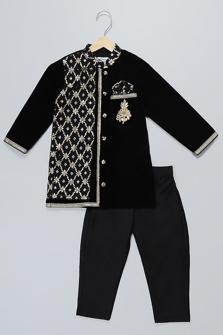 Black Velvet Embroidered Kurta Set For Boys by The little tales