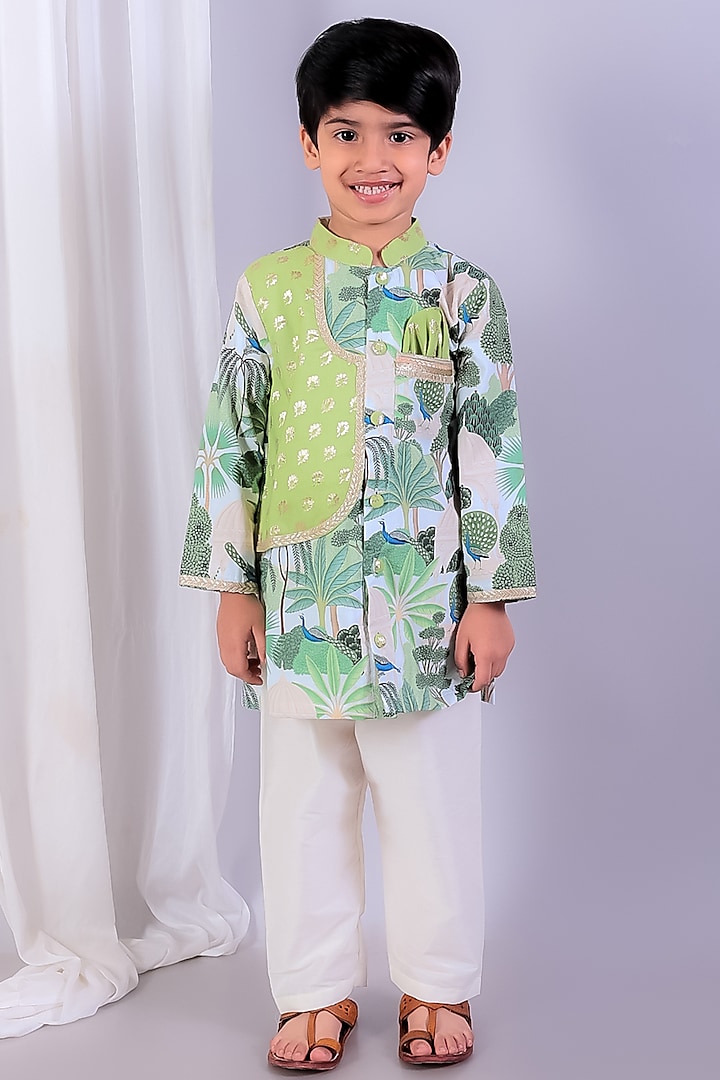 Green Cotton Silk & Cotton Floral Printed Kurta Set For Boys by The little tales at Pernia's Pop Up Shop