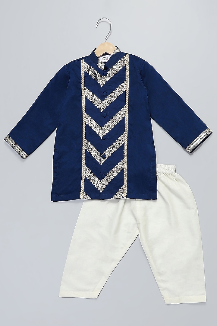 Blue Organza & Chanderi Embroidered Kurta Set For Boys by The little tales