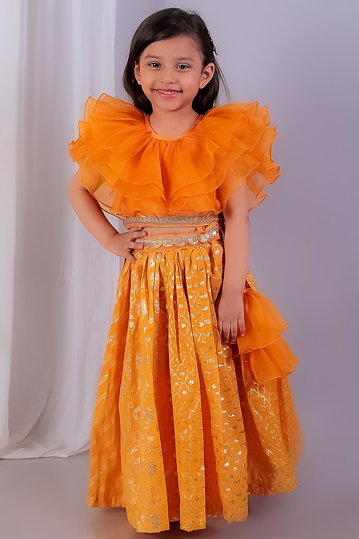 Orange Cotton Silk & Cotton Zari Embroidered Lehenga Set For Girls by The little tales at Pernia's Pop Up Shop