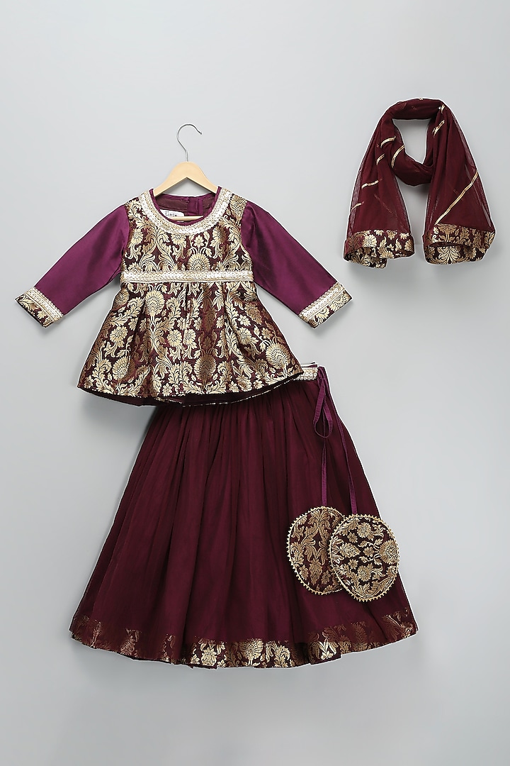 Purple Cotton Zari & Organza Embroidered Lehenga Set For Girls by The little tales at Pernia's Pop Up Shop