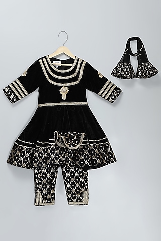 Black Velvet & Silk Machine Embroidered Anarkali Set For Girls by The little tales