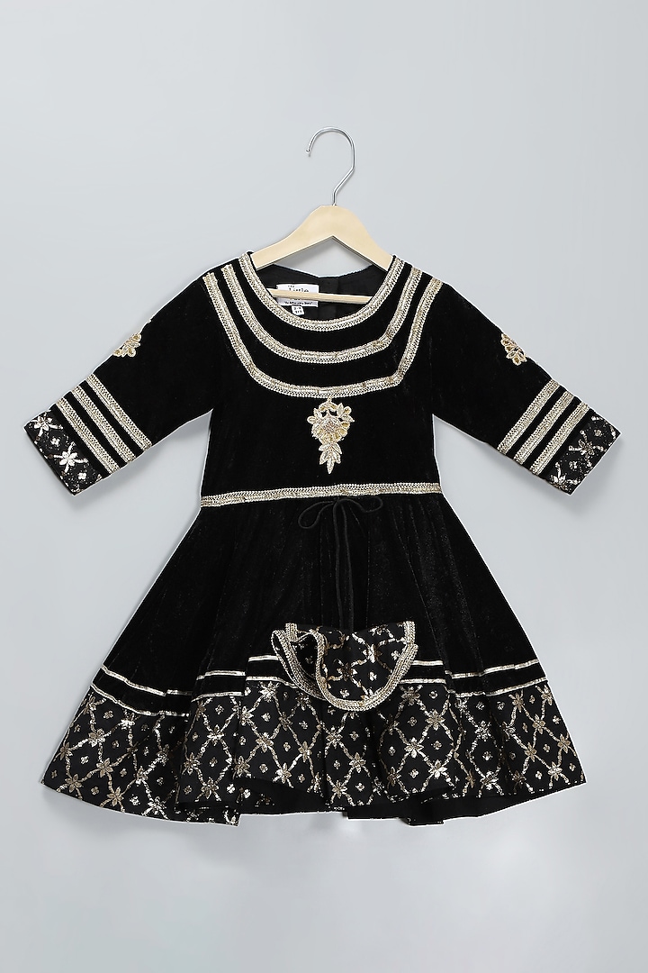 Black Velvet & Silk Machine Embroidered Anarkali Set For Girls by The little tales at Pernia's Pop Up Shop