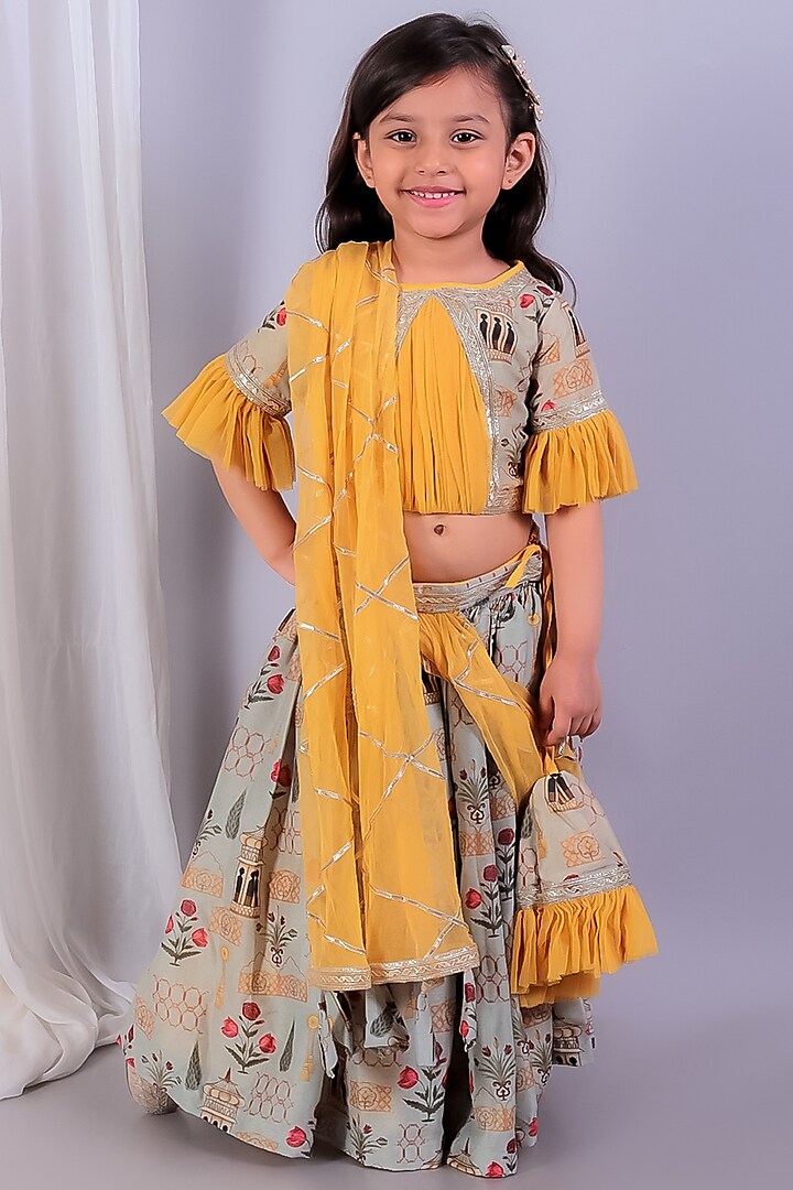 Green & Yellow Cotton Silk & Cotton Printed Lehenga Set For Girls by The little tales at Pernia's Pop Up Shop