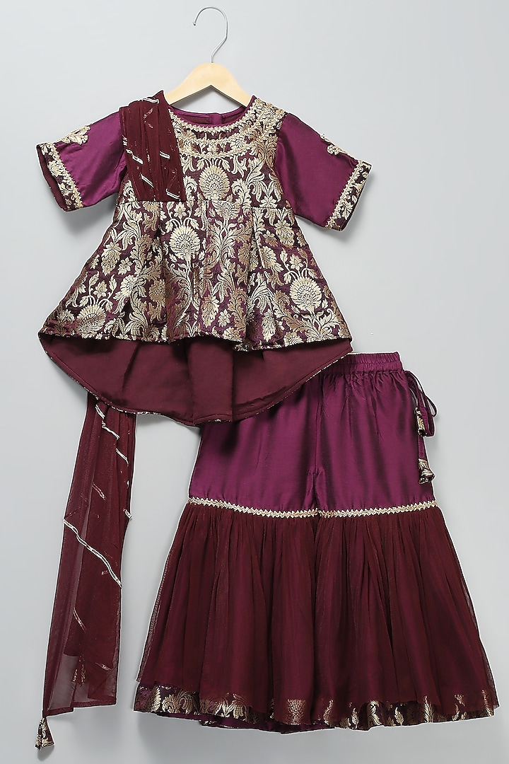 Dark Purple Cotton & Cotton Silk Sharara Set For Girls by The little tales at Pernia's Pop Up Shop