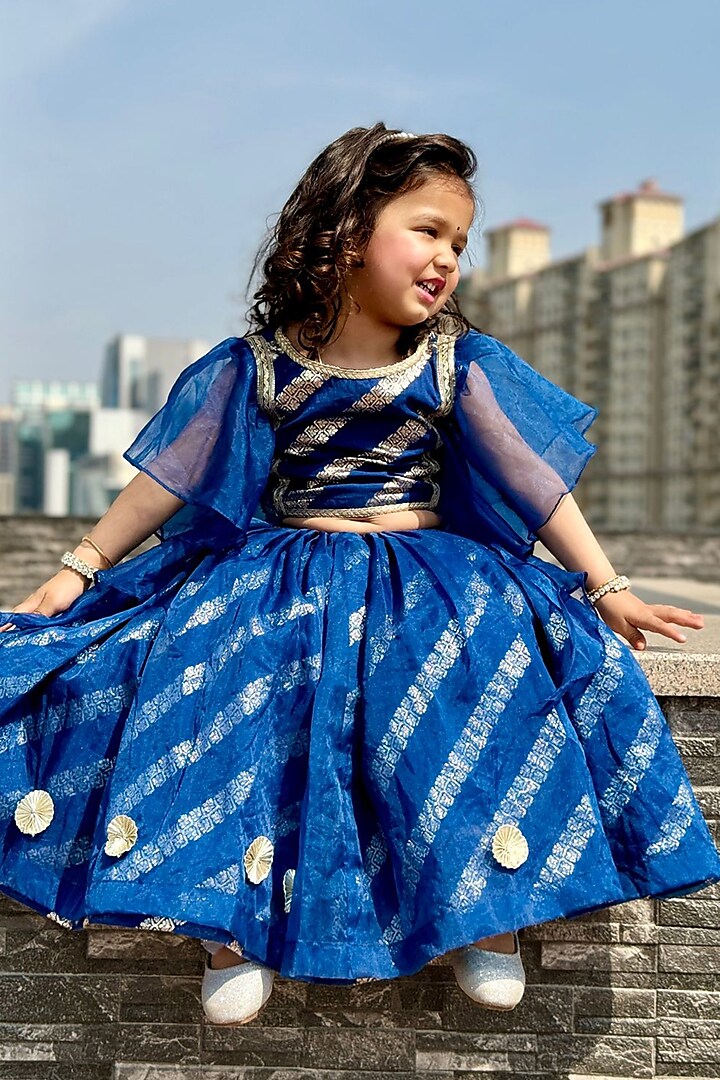 Blue Organza & Chanderi Embroidered Lehenga Set For Girls by The little tales at Pernia's Pop Up Shop