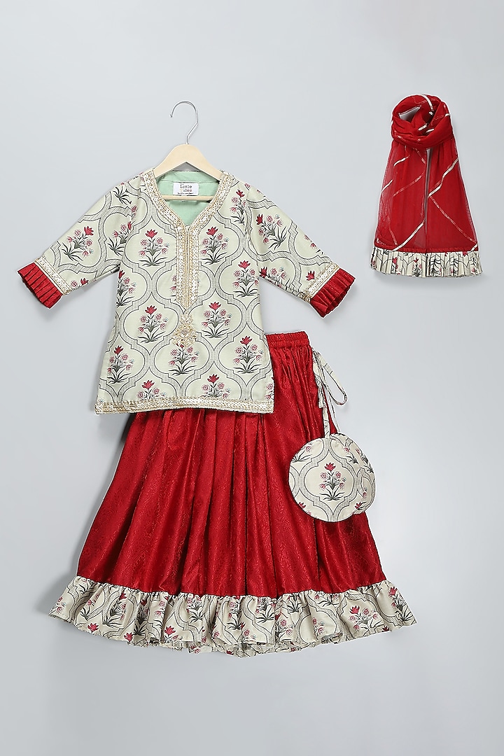 Maroon Jacquard Printed Lehenga Set For Girls by The little tales at Pernia's Pop Up Shop