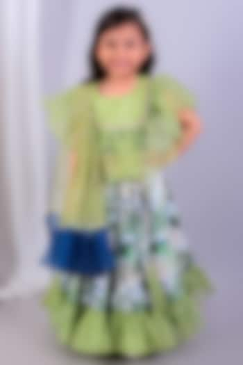 Green Cotton Silk & Cotton Printed Lehenga Set For Girls by The little tales at Pernia's Pop Up Shop