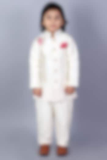 Off-White Raw Silk Embroidered Bandhgala Set For Boys by The little tales at Pernia's Pop Up Shop