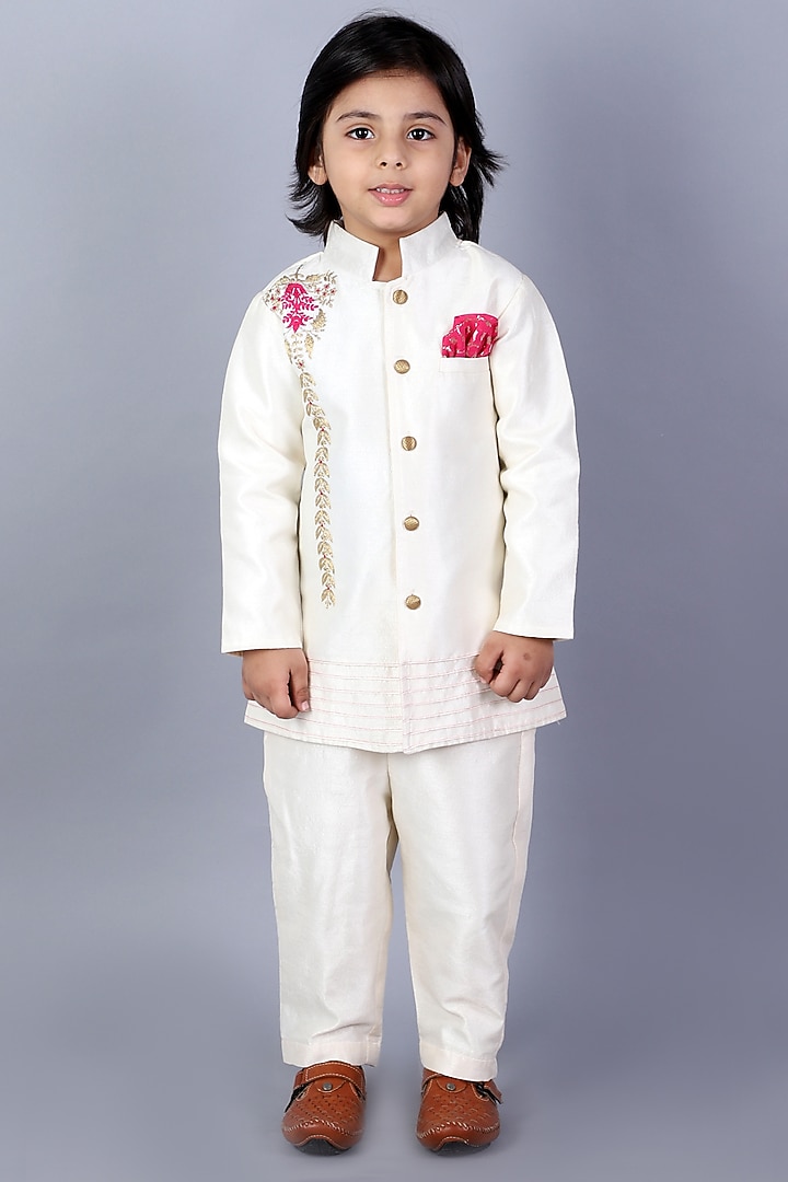 Off-White Raw Silk Embroidered Bandhgala Set For Boys by The little tales at Pernia's Pop Up Shop