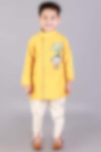 Yellow Cotton Silk Embroidered Kurta Set For Boys by The little tales at Pernia's Pop Up Shop
