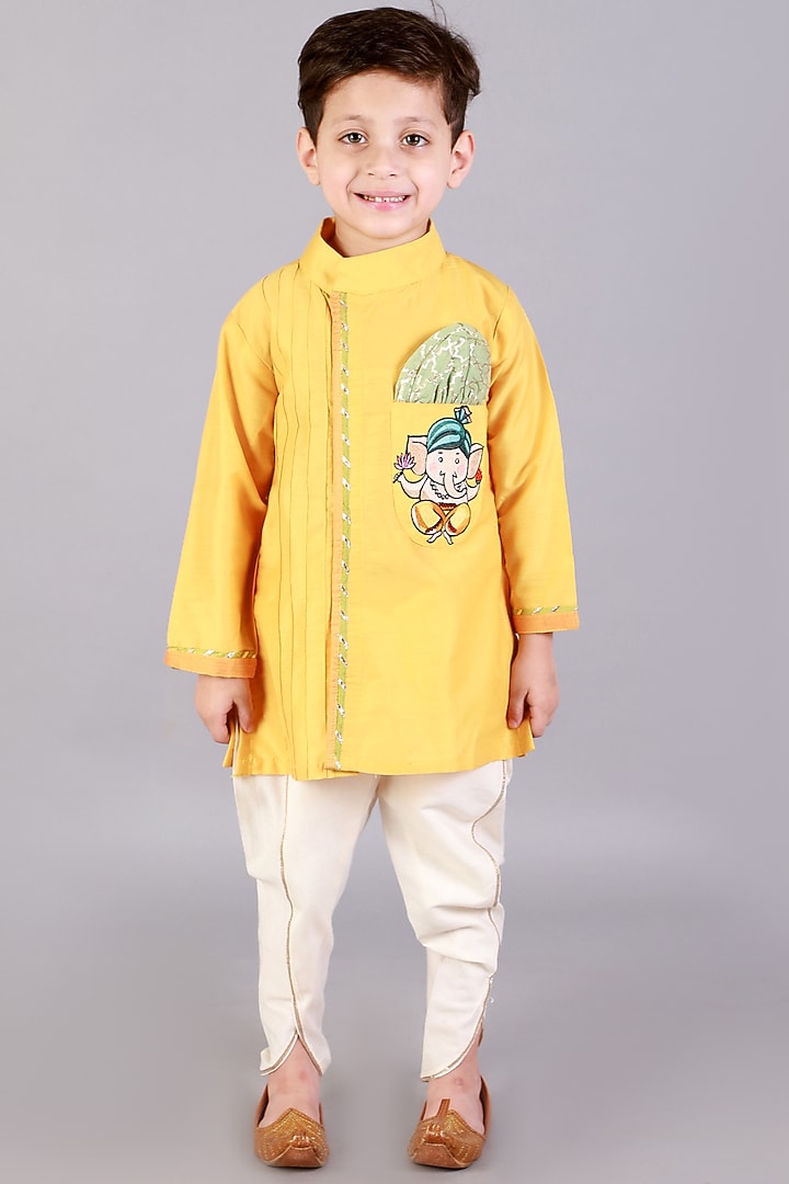 Yellow Cotton Silk Embroidered Kurta Set For Boys by The little tales at Pernia's Pop Up Shop