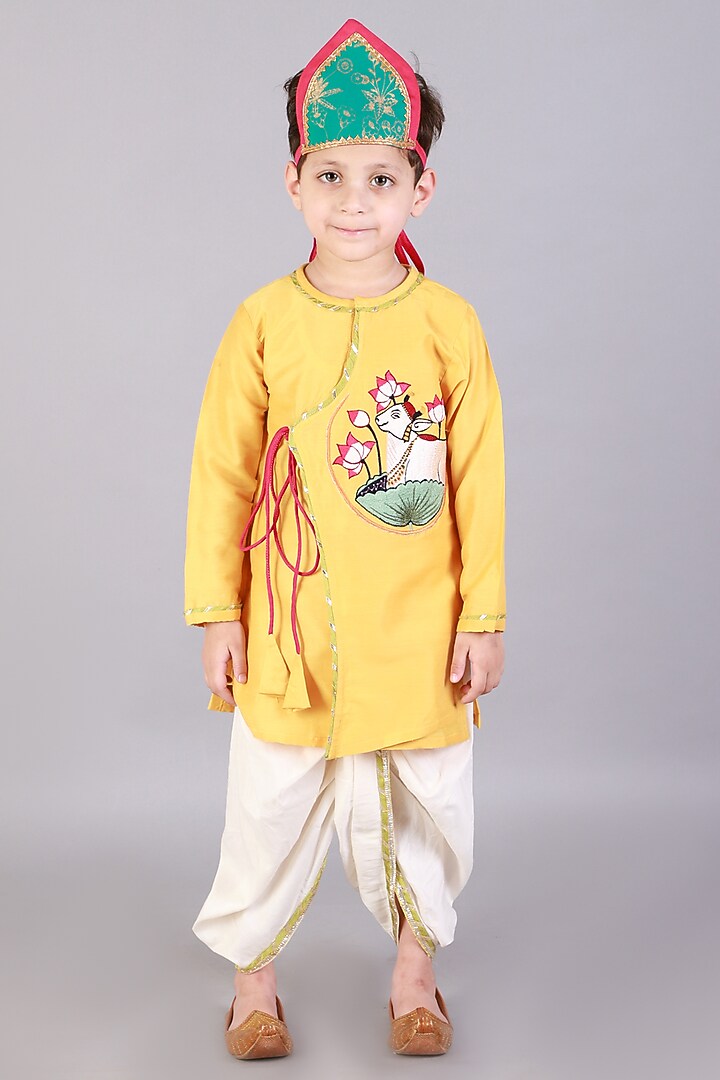 Yellow Cotton Silk Pichwai Embroidered Kurta Set For Boys by The little tales at Pernia's Pop Up Shop